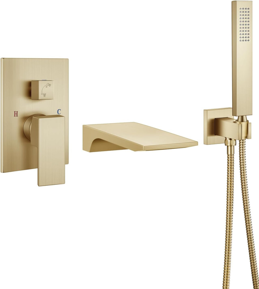 Aolemi Wall Mount Bathtub Faucet,Tub Faucet Set Waterfall Wall Mounted Tub Filler with Handheld Sprayer Single Handle,Brushed Gold