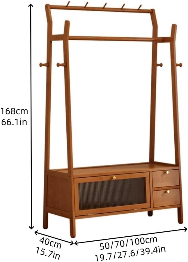 Heavy Duty Coat Rack Stand with Storage Drawers, Bamboo Clothing Rack with Double Hanging Rods and Bottom Shelf, Freestanding Garment Rail for Bedroom Living Room Entryway(Khaki,70cm/27.6in)