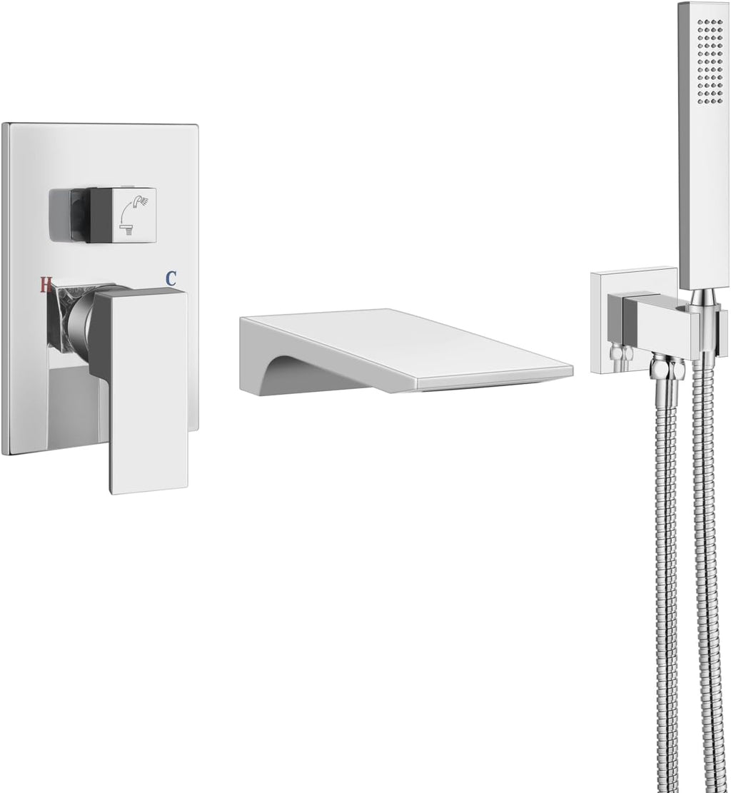 Aolemi Wall Mount Bathtub Faucet,Tub Faucet Set Waterfall Wall Mounted Tub Filler with Handheld Sprayer Single Handle,Polish Chrome