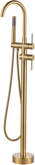 Freestanding Tub Filler Faucet, Floor Mount Brushed Gold Bathtub Faucet with Single Handheld Shower, Brass Shower Tub Faucet Set Complete, Bathtub Faucet with Shower
