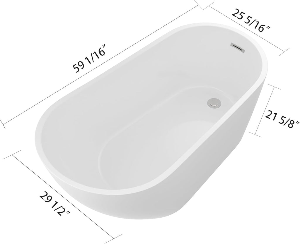 Logmey 59 Inch White Acrylic Freestanding Bathtub with Overflow Oval Shape Soaking Tub with Chrome Drain Assembly for Modern Classic Bathrooms