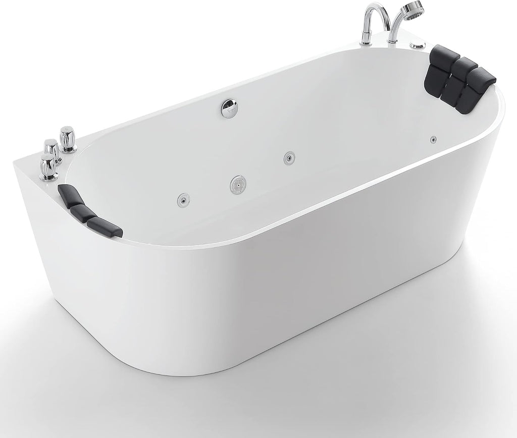 Empava 59-Inch Freestanding Whirlpool Bathtub Oval with 8 Hydromassage Adjustable Water Jets Luxury Acrylic Massage SPA Soaking Bath Tub Double Ended