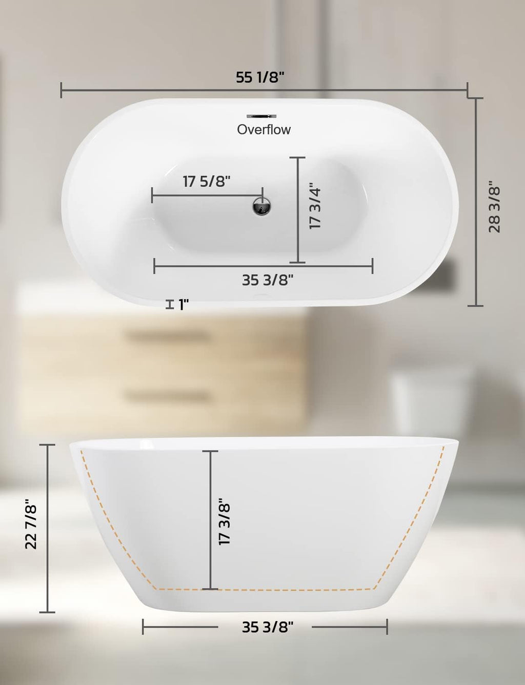 Zevemomo 55' Sleek White Acrylic Freestanding Bathtub, Soaking Tub with Brushed Chrome Overflow and Drain