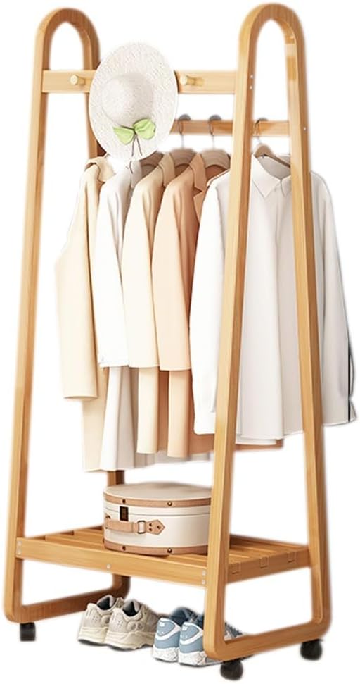 Floor-Standing Solid Wood Rotating Coat Rack，Bamboo Clothes Rail with Free Standing Garment Rack on Wheels Stylish Entryway Coat Rack for Bedroom or Hallway