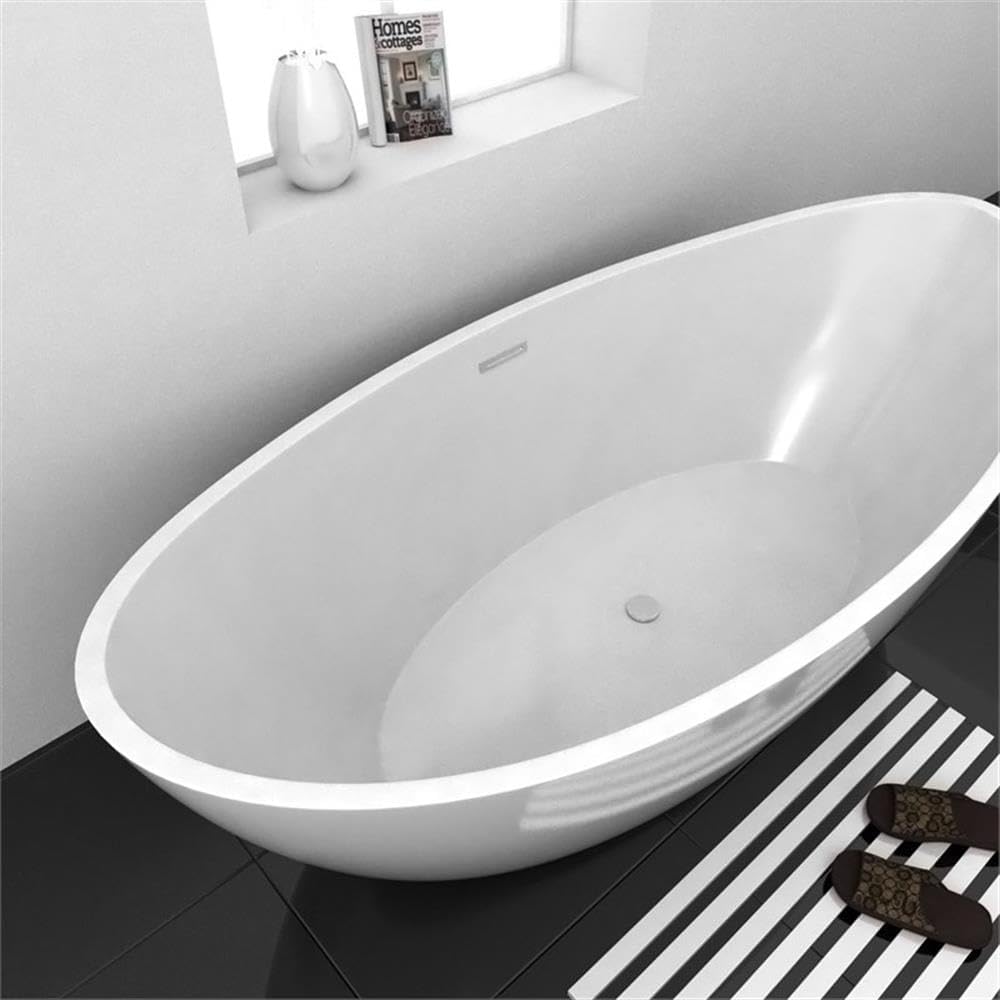 Bowery Hill Oval Freestanding Acrylic Insulated Bathtub, Non-Porous High-Gloss Surface, White Finish, Durable Heat-Retaining Design, Spacious Modern Bathroom Soaking Tub for Relaxation