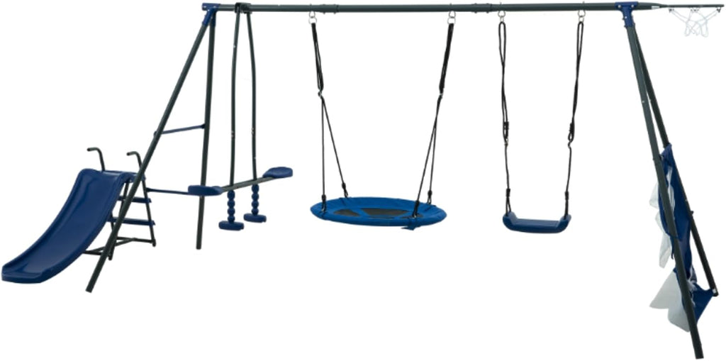 Metal 6 in 1 Swing Set for Kids, Basketball Hoop & Football net, Seesaw & 3.28ft Slide Durable Steel Frame – Outdoor Backyard Playset, Swing Sets for Backyard - Playground (Blue)