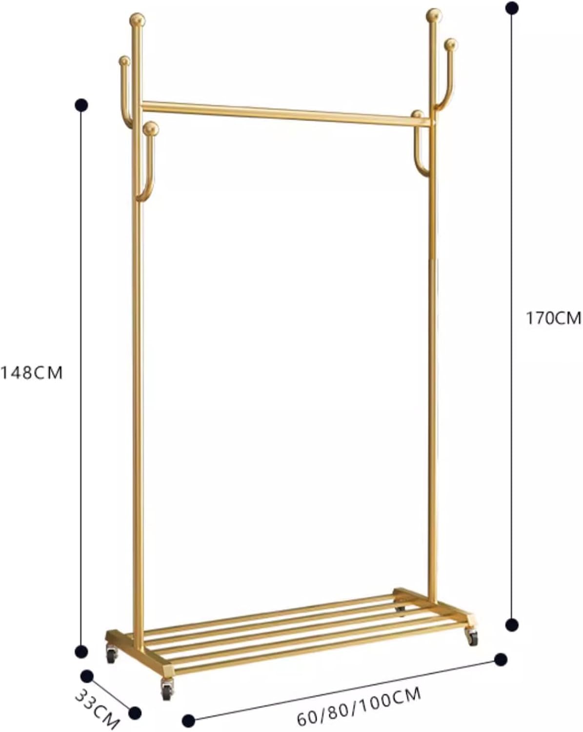 Heavy duty Garment rack Modern Golden Clothing Rack On Wheel, Freestanding Metal Coat Rack With Hooks And Shelves, Space-saving Coats Hanger Stand For Hanging Clothes, Bedroom Clothes Organizer ( 100