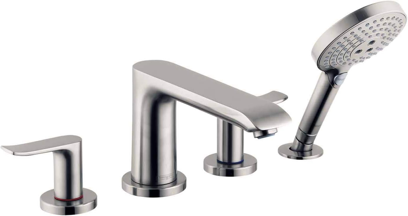 hansgrohe Metris Modern 2-Handle 20-inch Wide Roman Tub Filler Freestanding Bathtub Faucetand Shower Set in Brushed Nickel, 31404821