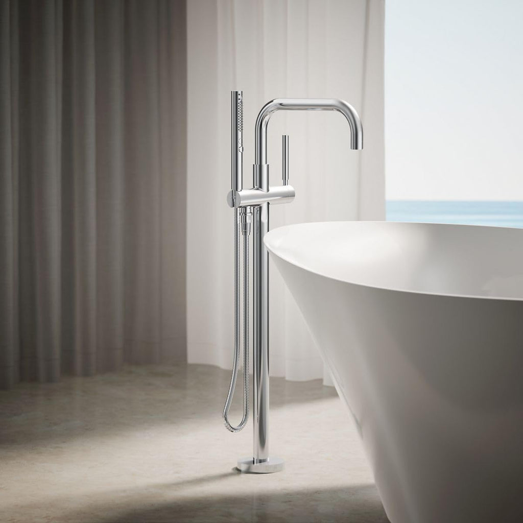 KOHLER Purist® floor-mount bath filler with included handshower, polished chrome, tub filler, bath filler, multifunction handshower, K-T97328-4-CP