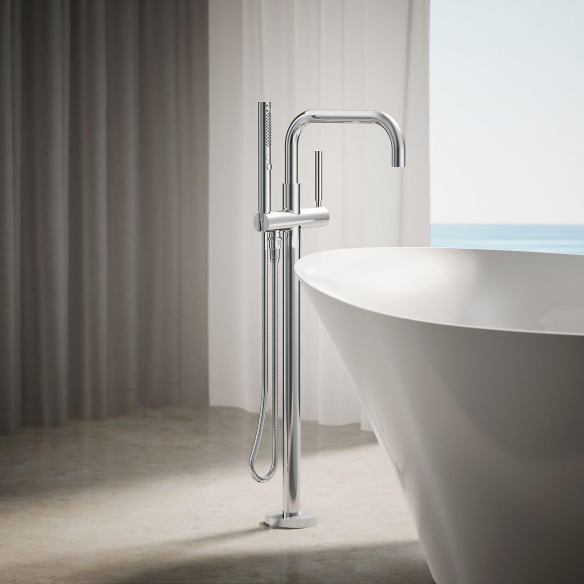 KOHLER Purist® floor-mount bath filler with included handshower, polished chrome, tub filler, bath filler, multifunction handshower, K-T97328-4-CP