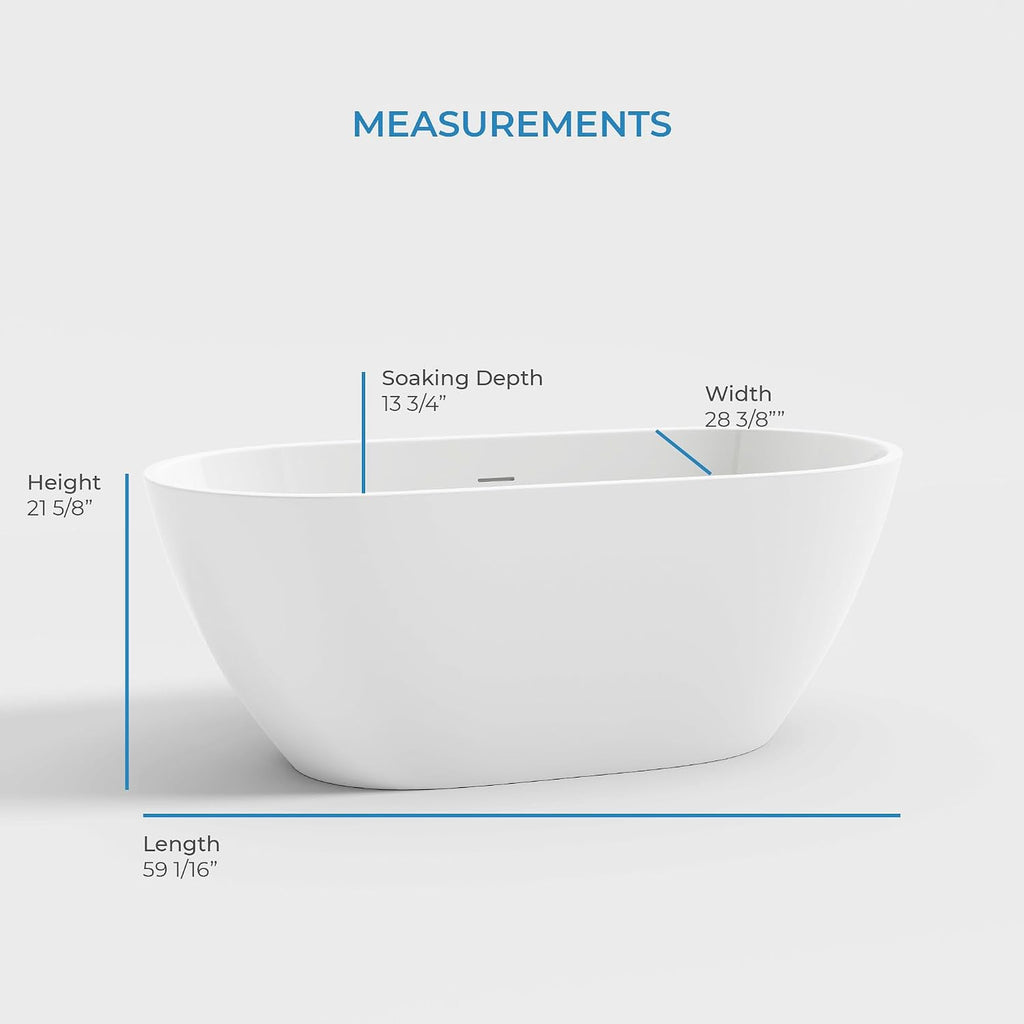 OVE Decors Ayago 59 in. Solid Surface Freestanding White Acrylic Soaking Bathtub, with Overflow and Matte Black Pop-up Drain