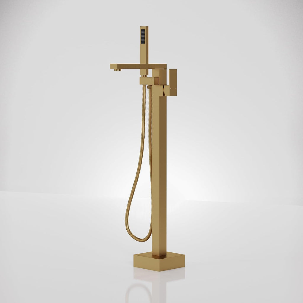 Freestanding Bathtub Faucet with Hand Held Shower, Floor Mount Tub Filler, Brass Bath Tub Faucet, Valve Included，Brushed Gold