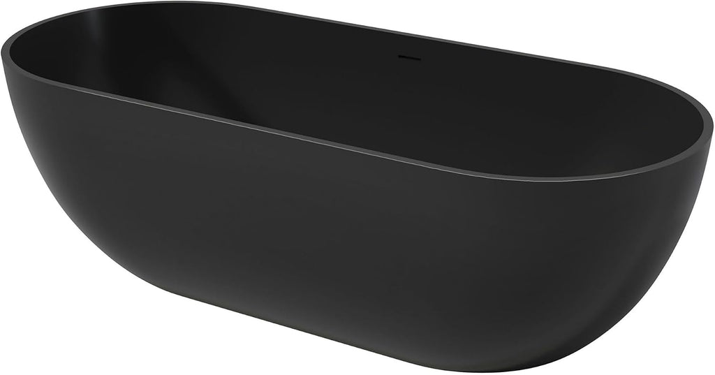 69' Freestanding Solid Surface Bathtub, Matte Black | Resin Stone, Modern Design Stand Alone Tub with Drain, Free Stand SoakIng Tub