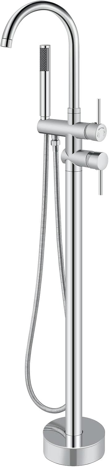 Aolemi Floor Mount Bathtub Faucet Freestanding Tub Filler Standing High Flow Shower Faucets Shower Mixer Taps, Swivel Gooseneck Spout with Cylinder Handheld Polish Chrome