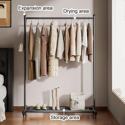 Heavy Duty Rolling Clothes Rack with Wheels - Sturdy Free-Standing Garment Rack for Bedroom, Laundry, Retail Shop Storage & Organization - Adjustable Height, Dur, Black-100x158x43cm