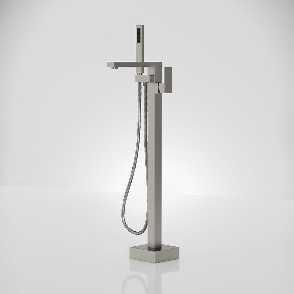 Freestanding Bathtub Faucet with Hand Held Shower, Floor Mount Tub Filler, Brass Bath Tub Faucet, Valve Included，Brushed Nickel