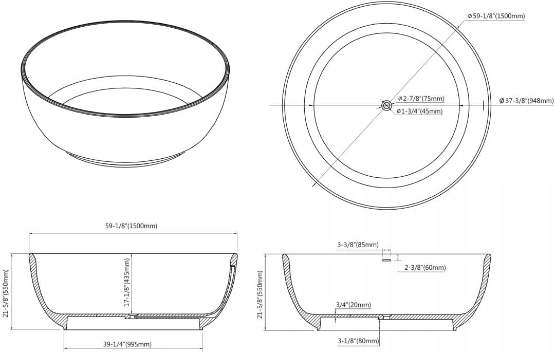 Dowell 078 59' Round Luxury Stone Resin Solid Surface Freestanding Bathtub White Modern, Round 59'