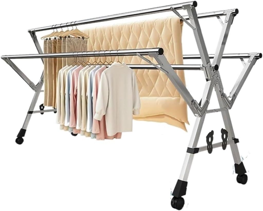 Laundry Drying Rack Floor Folding Indoor Adjustable Clothes Drying Rack Collapsible Laundry Heavy Duty Space-Saving Garment Balcony Bedroom(150cm)