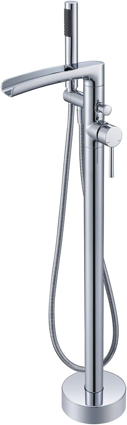 Wowkk Waterfall Freestanding Bathtub Faucet Chrome Floor Mount Tub Filler Brass Single Handle Bathroom Faucets with Hand Shower