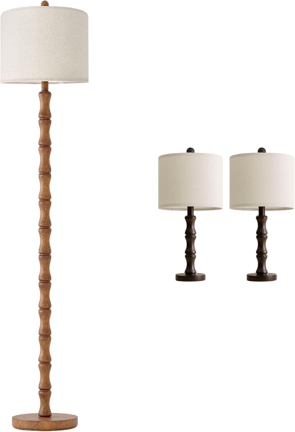 BOBOMOMO Farmhouse Table and Floor Lamp Set of 3, Vintage Lamp Set with Fabric Shade for Living Room, Bedroom, Side Table, Reading Corner
