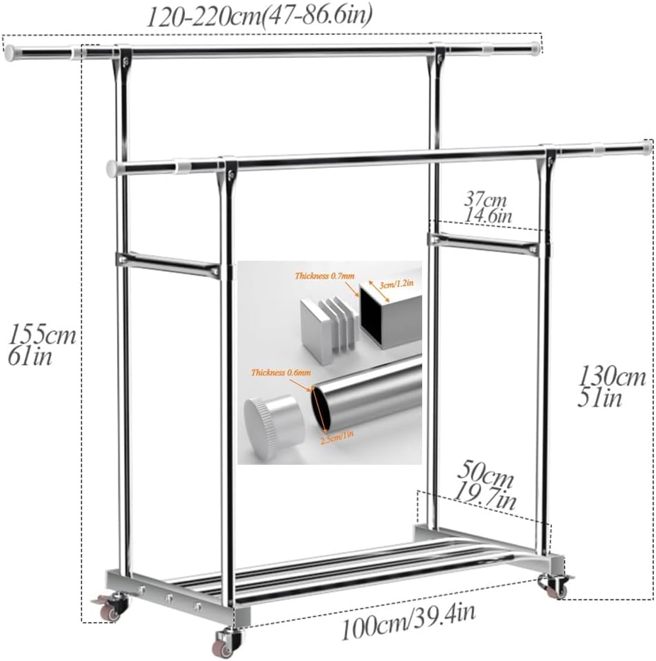 Double Rod Extendable Clothes Garment Rack with Wheels, Rolling Clothes Organizer with Storage Shelf, Clothes Rail with 4 Wheels, Space Saving, Load 100kg