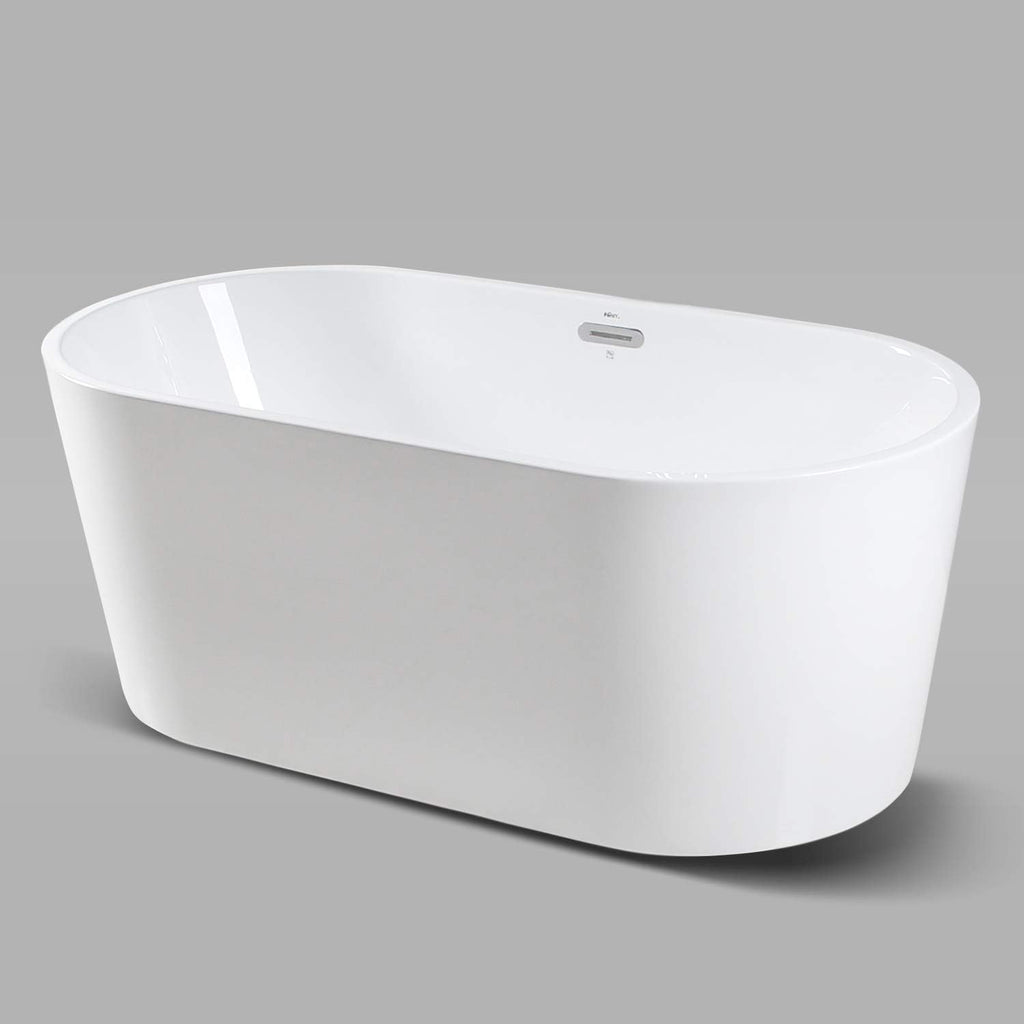 FerdY Acrylic Freestanding Bathtub, Ergonomic Lightweight Classic Oval Soaking Bathtub with Chrome Drain, Classic Slotted Overflow, Modern White 59'