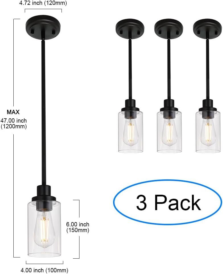 MELUCEE Kitchen Island Pendant Lighting 3 Pack Adjustable Black Hanging Ceiling Lamp with Clear Glass Shade for Bar Dining Room Corridor Living Room Bedside, 1-Light