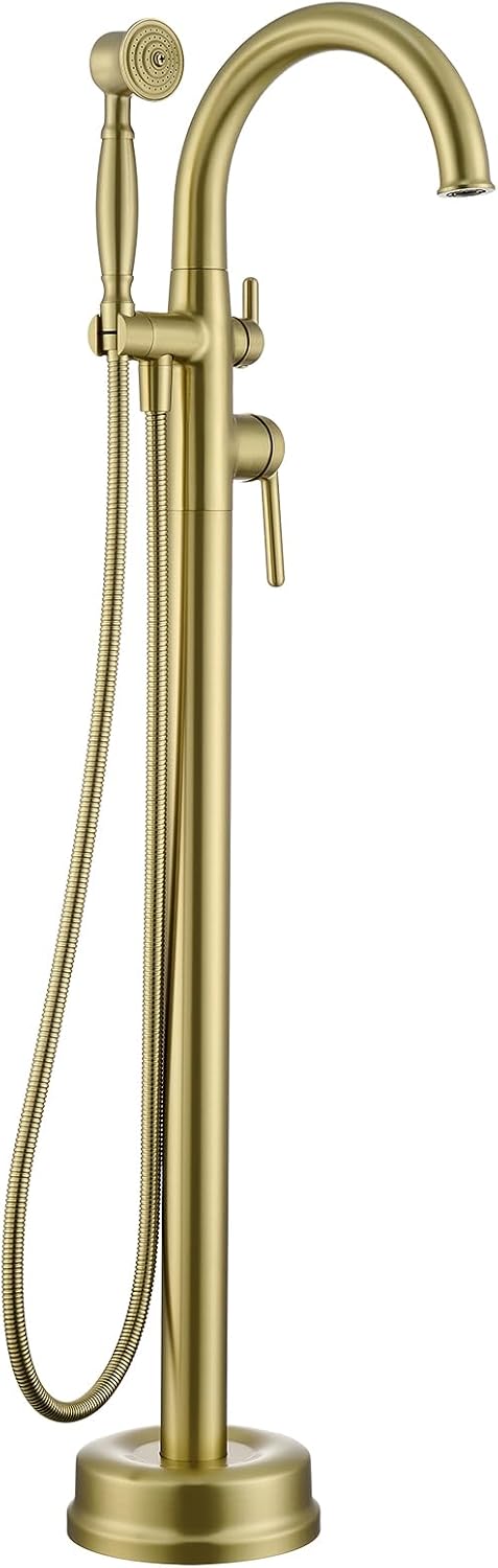 Freestanding Tub Faucets, Brass Freestanding Bathtub Faucet with Hand Shower, Floor Mount Tub Filler with Sprayer Brushed Light Gold（WT-9811BG03）