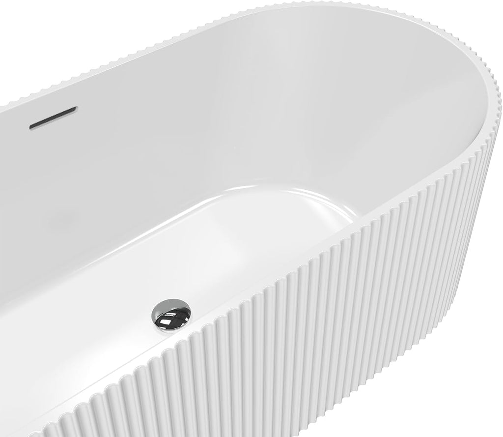 59 Inch Freestanding Bathtub Oval Acrylic Soaking Tub with Decorative Stripe Design, Integrated Overflow & Pop-Up Drain, Modern Stand Alone Tub for Contemporary Bathroom Remodel, White