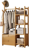 Open Wardrobe for Bedroom - Wooden Clothes Rail with Drawers, Free Standing Garment Rack, Style for Clothes Storage