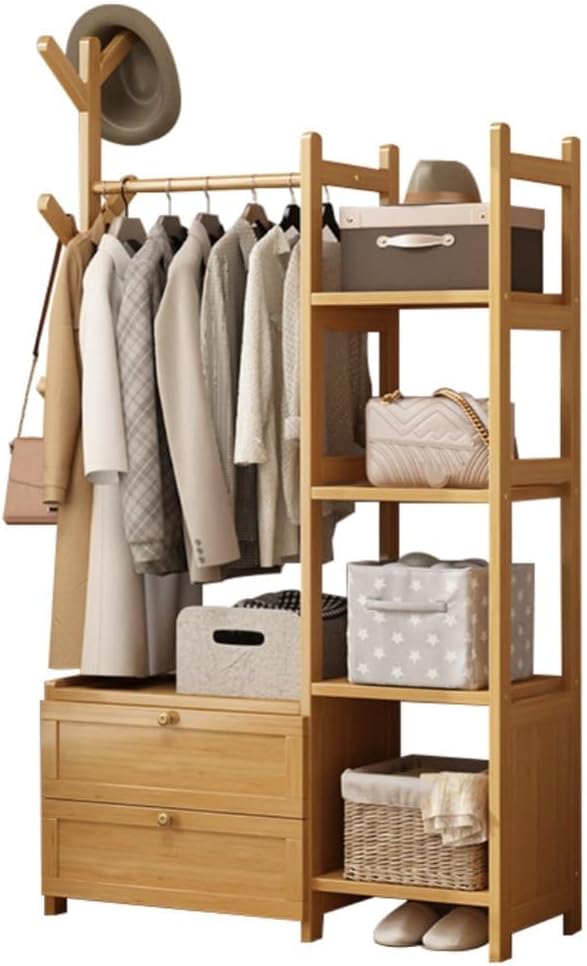 Open Wardrobe for Bedroom - Wooden Clothes Rail with Drawers, Free Standing Garment Rack, Style for Clothes Storage