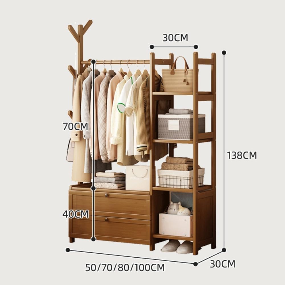 Freestanding Bamboo Clothes Rail - Modern Open Wardrobe with Drawers | Small Free Standing Garment Rack for Bedroom (C 50cm)