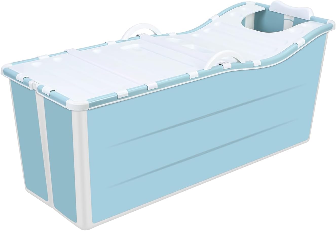 Portable Foldable Bathtub, Bathing Tub for Shower Stall, Portable Bathtub for Adult, Space Saving Home Spa Bath, Freestanding Effortless Folding Bathtub with Thermal Lid, Handrail Blue