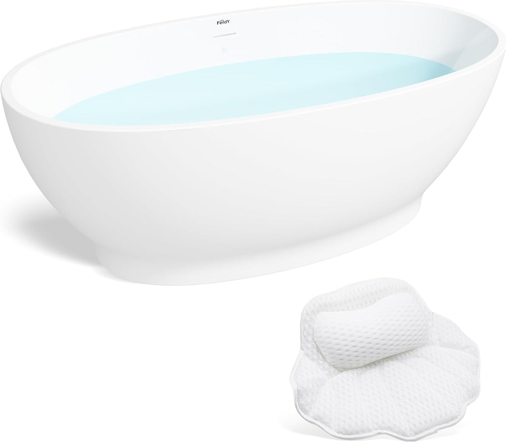 FerdY Koh Samui 65' Freestanding Bathtub with Headrest, Elegant Oval Shape, Double Walled Insulation Bathtub with Center Brushed Nickel Drain & Minimalist Linear Design Overflow & Bath Pillow