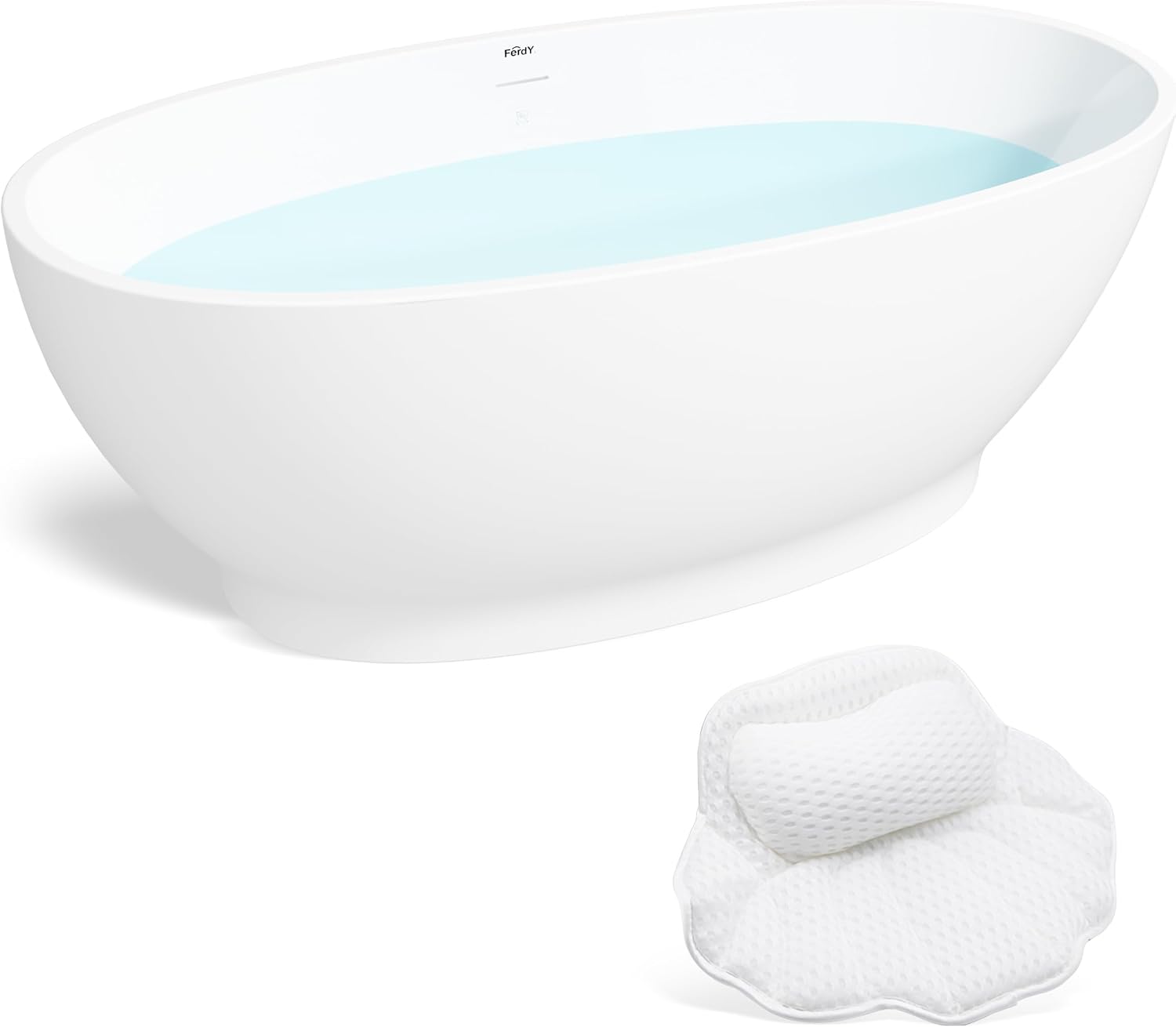 FerdY Koh Samui 65' Freestanding Bathtub with Headrest, Elegant Oval Shape, Double Walled Insulation Bathtub with Center Brushed Nickel Drain & Minimalist Linear Design Overflow & Bath Pillow