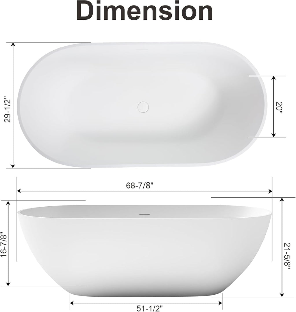 Zevemomo 69 Inch Solid Surface Freestanding Bathtub, Oval Shaped Soaking Stone Resin Bath Tub with Brushed Overflow and Drain, Matte White Stand Alone Bathtub, cUPC Certified