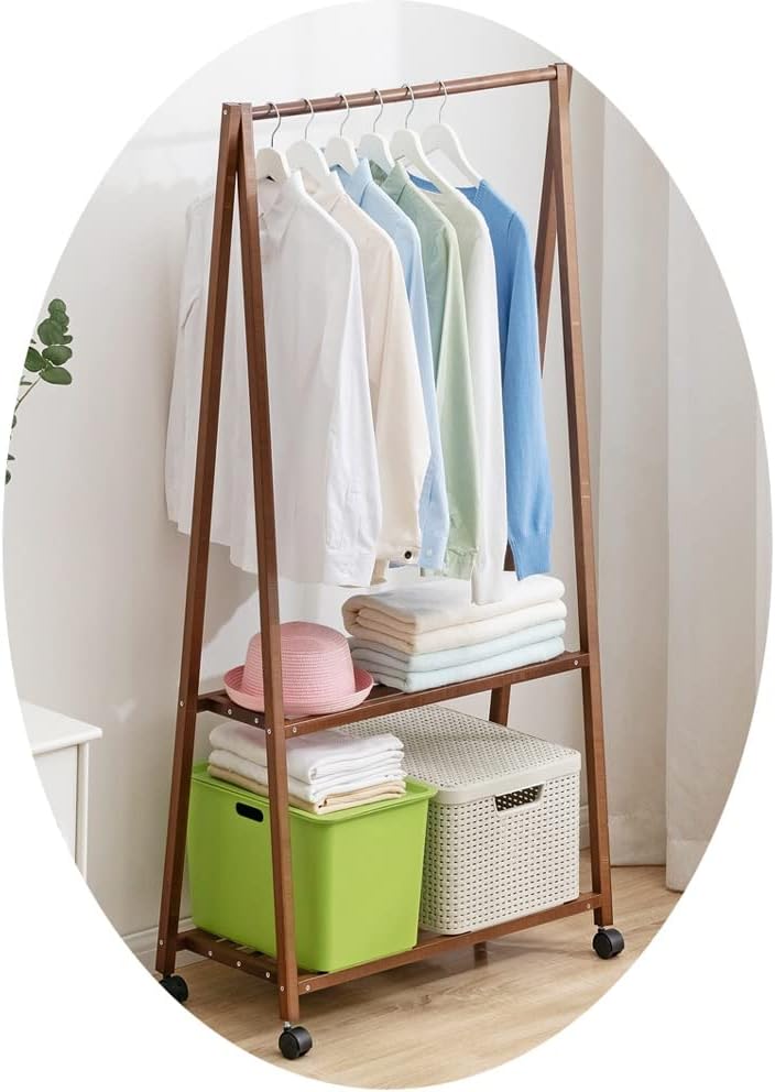 MZP Single Rod Clothes Garment Rack Rolling Clothing Organizer Shelf with Wheels Open Wardrobe Closet Coat Stands with 2 Shelves for Bedrooms Hallway Entryway (Color : Brown, Size : 75X33X150cm)