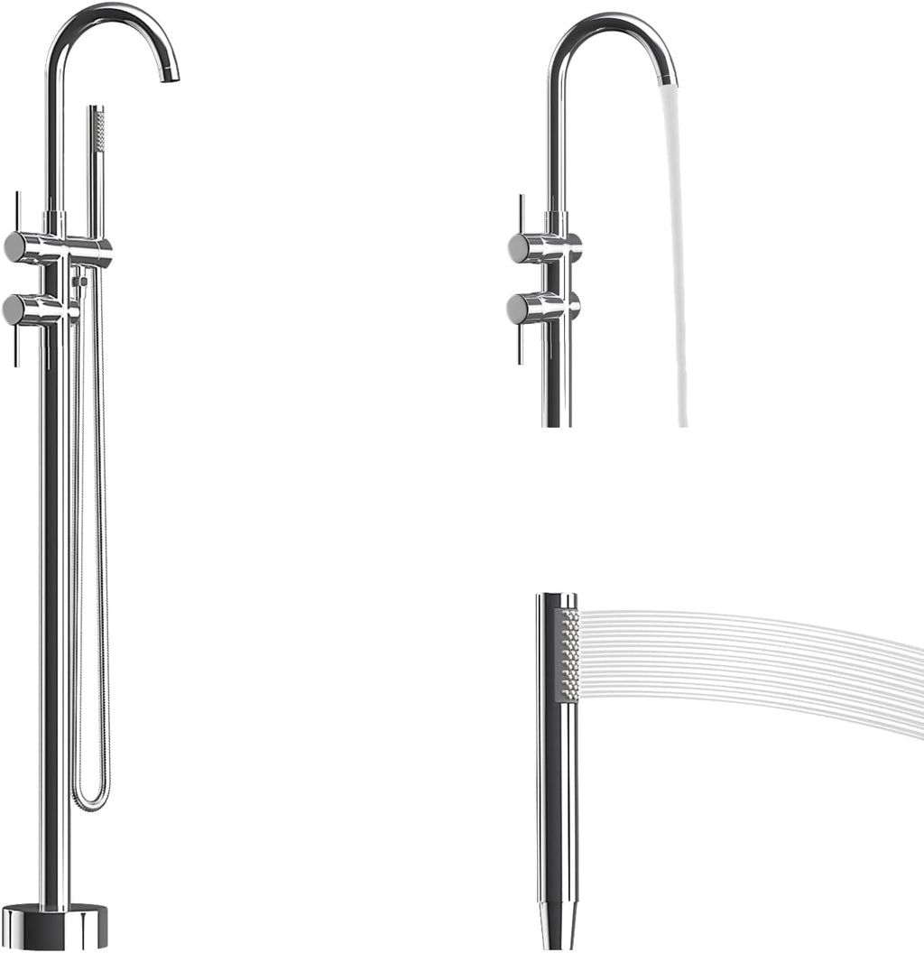 Freestanding Bathtub Faucet,Tub Filler Floor Mount Stand Bathtub Faucet Brass Bathroom Tub Faucets with 2 Function Hand Shower Wand Swivel Polished Chrome