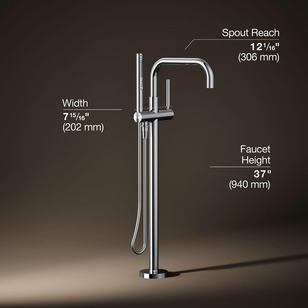 KOHLER Purist® floor-mount bath filler with included handshower, polished chrome, tub filler, bath filler, multifunction handshower, K-T97328-4-CP