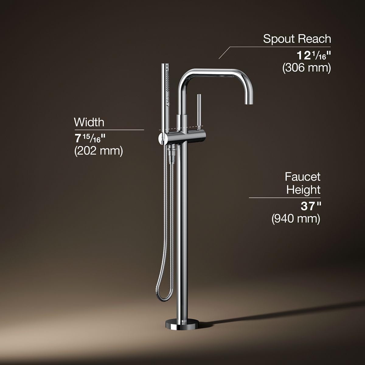 KOHLER Purist® floor-mount bath filler with included handshower, polished chrome, tub filler, bath filler, multifunction handshower, K-T97328-4-CP