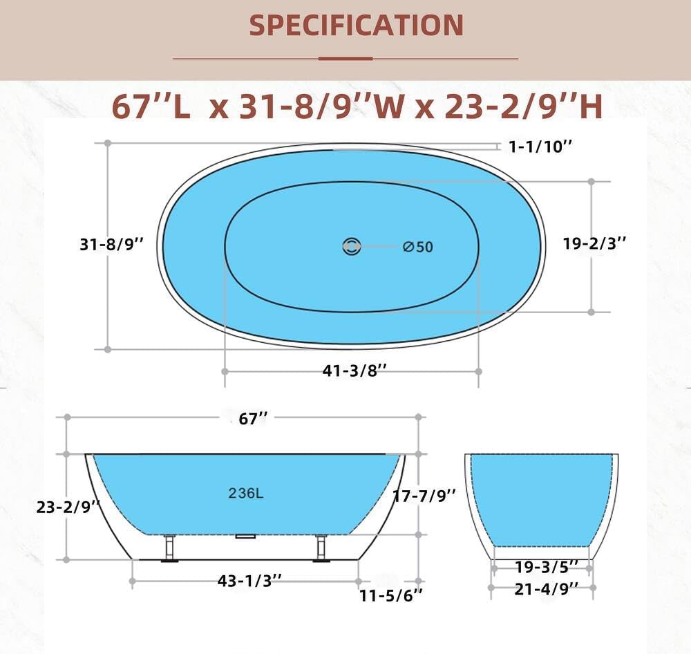 67 Inch Oval Large Soaking Bathtub, Luxury Acrylic Freestanding Stand Alone Tubs with Overflow & Chrome Drain for Bathroom Spa, Glossy White, 67''x28''