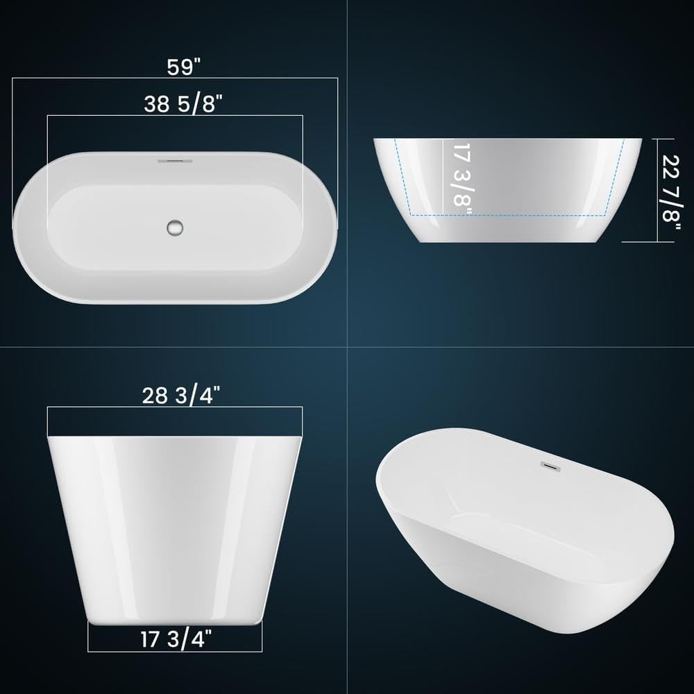 Luxurious 59-Inch Glossy White Acrylic Freestanding Bathtub with Chrome Drain, cUPC Certified for Safety, Double-Walled Insulation, and Sloped Lumbar Support for Ultimate Comfort