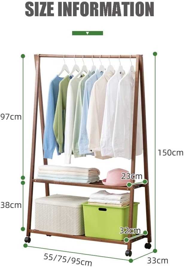 MZP Single Rod Clothes Garment Rack Rolling Clothing Organizer Shelf with Wheels Open Wardrobe Closet Coat Stands with 2 Shelves for Bedrooms Hallway Entryway (Color : Brown, Size : 55X33X150cm)