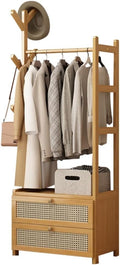 Freestanding Bamboo Clothes Rail - Modern Open Wardrobe with Drawers | Small Free Standing Garment Rack for Bedroom (C 50cm)