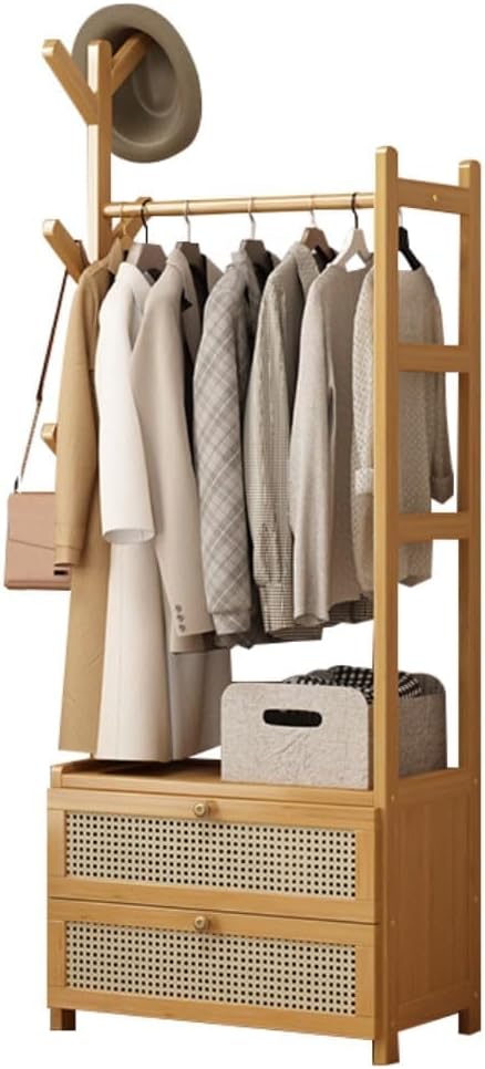 Freestanding Bamboo Clothes Rail - Modern Open Wardrobe with Drawers | Small Free Standing Garment Rack for Bedroom (C 50cm)