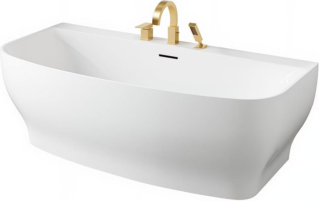 Bank Series 65 in. x 31 in. Flat Bottom Acrylic Freestanding Soaking Bathtub with Center Drain, Brushed Gold Faucet