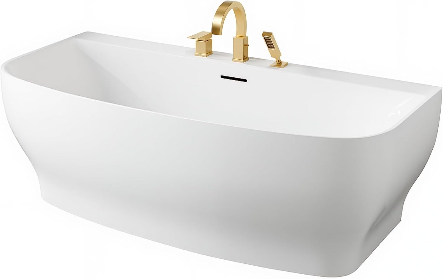 Bank Series 65 in. x 31 in. Flat Bottom Acrylic Freestanding Soaking Bathtub with Center Drain, Brushed Gold Faucet