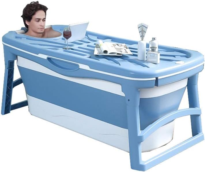 Foldable Bathtub Portable Bathroom Hot Tub for Adults Baby Toddlers, Soaking Tub in Shower Stall SPA Bath Basket，Double Drains, PP and TPE Material, 10kg (Color : Blue, Size : with lid)
