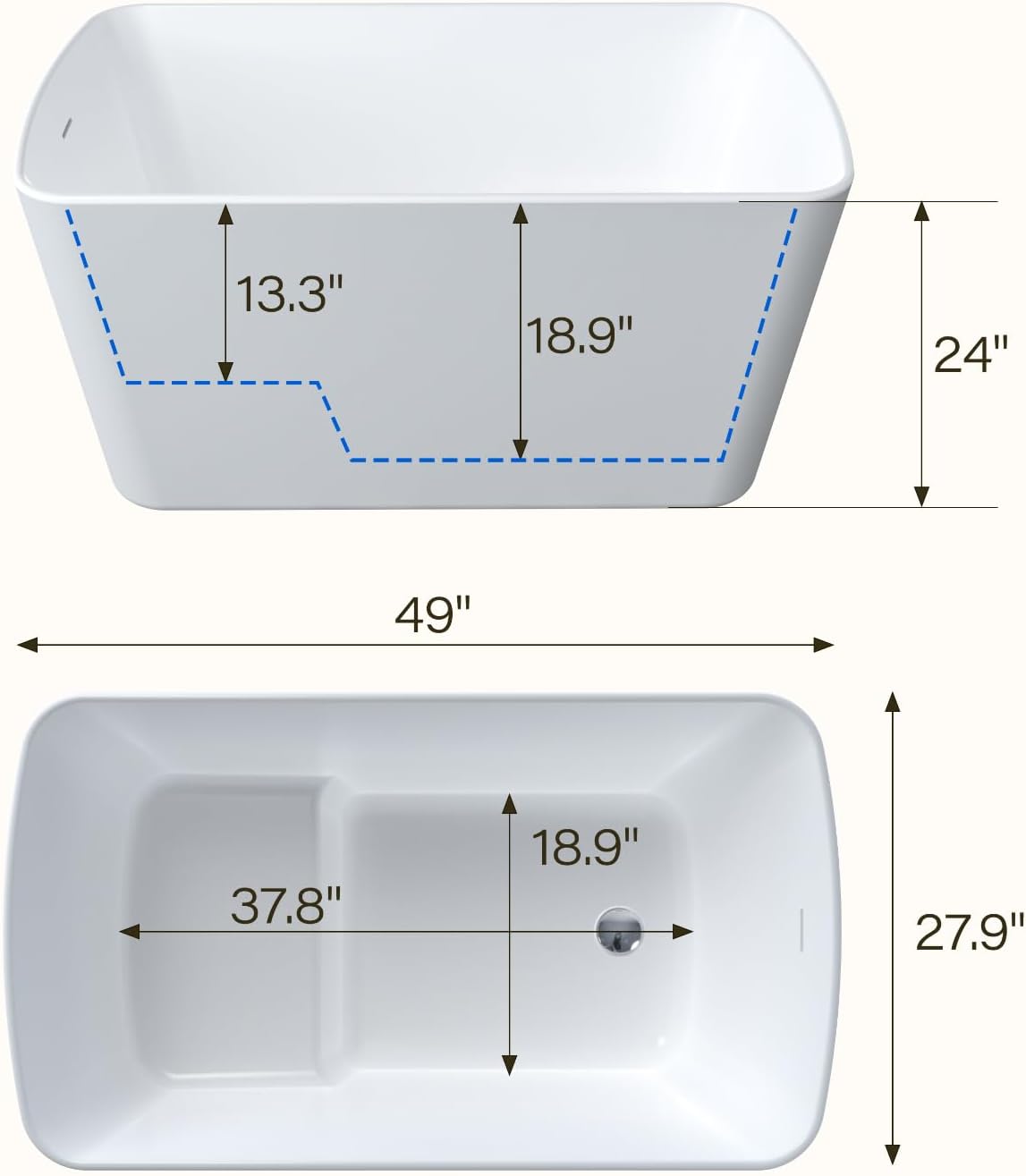 49 Inch Freestanding Bathtub, Acrylic Freestanding Tub with Drain, Overflow & Flexible Drain Pipe, Glossy White Small Soaking Tub for Apartment or Guest Bathroom