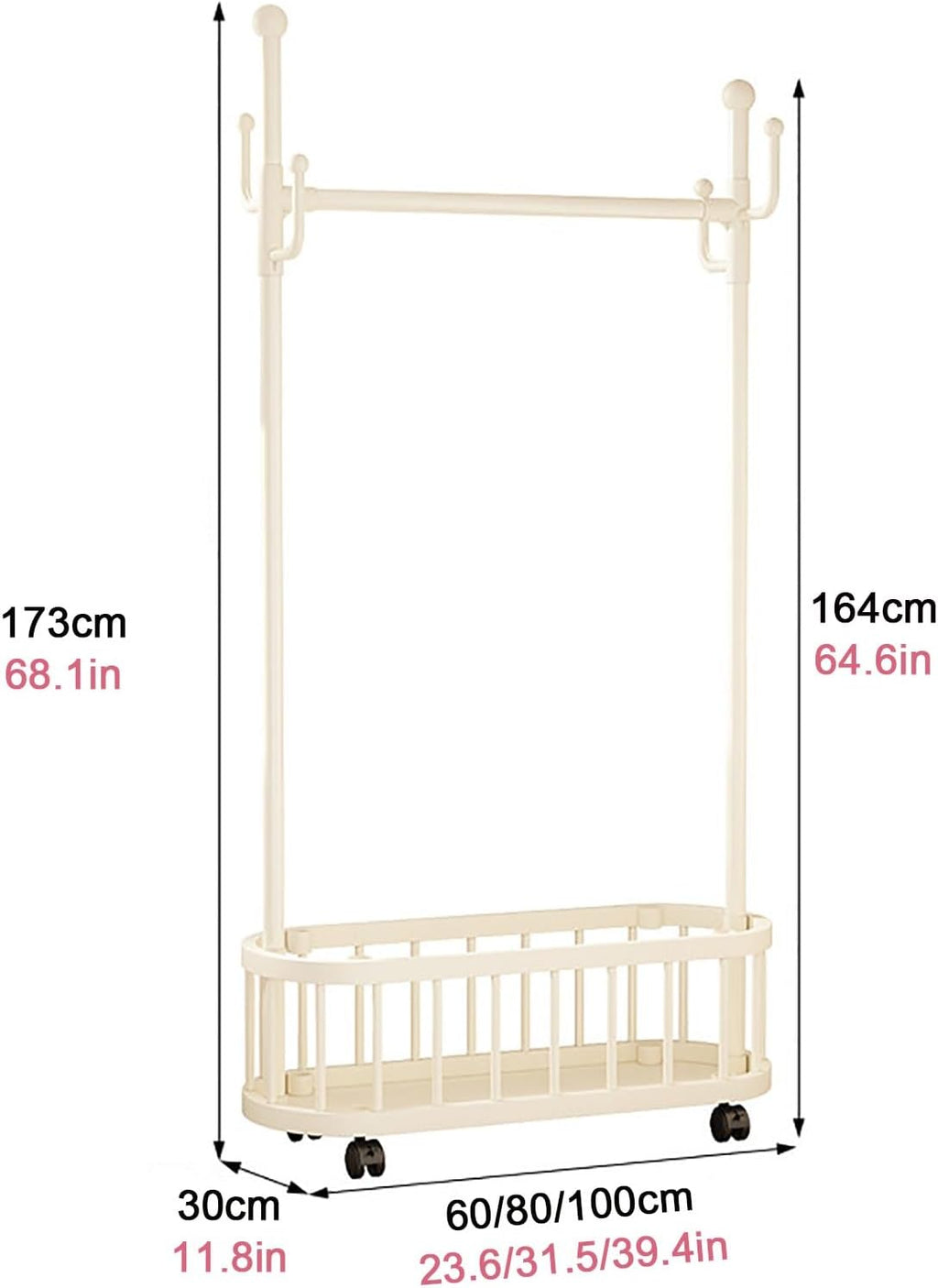 Rolling Clothes Rack With Wheels,Storage Basket,4 Hooks,Freestanding Garment Racks Hanger Stand,Coat Rack,Metal Organizer For Entryway Bedroom Living Room(White,60cm(23.6in))